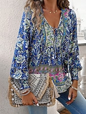 preiswerte Boho Tops-Damen Hemd Boho-Hemd Sommeroberteile Blume Täglich Stilvoll Lässig Langarm V Ausschnitt Normale Oberteile Arbeit Täglich Ferien Druck Rosa Marineblau Blau Frühling Herbst