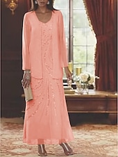 abordables Avec veste-Robe Mère de la Mariée Coupe Deux Pièces à la Plage Invité de Mariage Élégant Étincelle  Brillance Encolure en V Longueur Cheville Chiffon Sequins Manches Longues avec Sequins 2025 taille