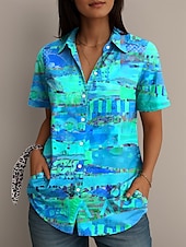 abordables Hauts d&#039;Art et de Design pour Femmes-Femmes Chemise Graphique Abstrait ancien Élégant Occasionnel Manche Courte Col de chemise Hauts Réguliers Quotidien Jaune Bleu Violet Orange Été Printemps