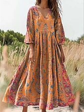 levne Boho šaty-Dámské Maxi šaty Letní šaty Áčkové šaty Plisované šaty prázdniny Na běžné nošení Cikánský Denní Dovolená Jdeme ven Volný Květinový Grafika 3/4 délka rukávu Do V Žlutá Fialová Oranžová