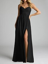 baratos Vestidos para Madrinhas-Vestido de dama de honra em corte A, decote em V / alças finas, sem mangas, elegante, longo, chiffon com pregas / frente aberta / franzido 2025