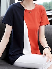 billige Stripe og geometrisk t-skjorte-Dame Bluse Geometrisk Fargeblokk Stilfull Fritid Kortermet Crew-hals Vanlige topper Daglig Trykt mønster Svart Gul Blå Oransje Brun Sommer