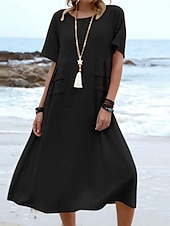 preiswerte Kleider aus Baumwolle und Leinen entwerfen-Damen Midikleid Baumwoll-Leinen-Kleider Freizeitkleid Sommerkleid Klassisch Modern Täglich Wochenende Normale Passform Einfach Kurzarm Rundhalsausschnitt Schwarz Gelb Rosa Königsblau Sommer