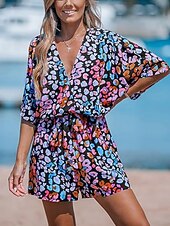 billige Kunst og design jumpsuit-Dame Normal Sparkedrakter Aktiv Geometrisk 3/4 ermer V-hals Trykt mønster Feriereise Daglig Normal Rosa Blå Lilla Sommer