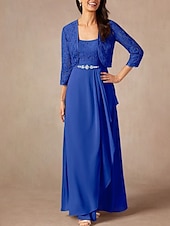 billiga Golvlängd-Tvådelad A-linjeformad Mor till Brud-Klänning Bröllopsgäst Elegant Söt Rundhalsad Golvlängd Chiffon Spets 3/4 Längd Ärmar med Spetspärlor Volanger