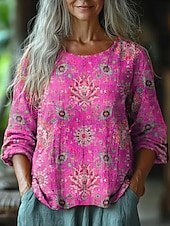billige Kvinne Boho Topper-Kvinners Bluse Langermet Blomstermotiv Geometrisk Daglig Casual 3/4 Lengde Ermer Crew Neck Vanlige Topper Daglig Ferie Ferieklær Trykk Gul Rosa Blå Oransje Sommer Vår