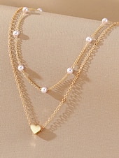 abordables Collier pour femme-Ensemble collier et bracelet pendentif cœur en or pour femme – chaîne délicate à plusieurs niveaux avec perles, bijoux romantiques élégants pour cadeaux, mariages et usage quotidien