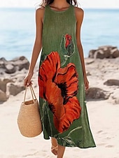 preiswerte Blumenkleider-Damen Maxikleid Sommerkleid Shiftkleid Schulterfreies Kleid Lässig Ausgehen Strand Normale Passform Blumen Grafik Ärmellos V Ausschnitt Grün Sommer Frühling