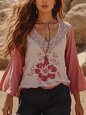 billige Blomstrete topper-Dame Bluse Blomstret Grafisk Bohem Årgang Daglig 3/4 ermer Crew-hals Båthals Vanlige topper Daglig Ferie Ferieklær Trykt mønster Rosa Sommer Vår