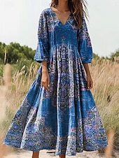 billige Boho-kjoler-Dame Maxikjole Solkjole Kjole med A-linje Plissert kjole Ferie Fritid Bohem Ut på byen Standard passform Blomstret Grafisk Paisly 3/4 ermer V-hals Rosa Rød Blå Oransje Sommer Vår