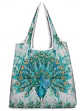 abordables Cabas et fourre-tout-Sac fourre-tout pliable à imprimé paon pour femme - Sac de courses réutilisable de grande capacité avec un design aquarelle élégant, léger et élégant, idéal pour un usage quotidien, les voyages et les achats écologiques