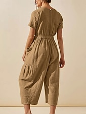 お買い得  カジュアルジャンプスーツ-女性用 標準 ジャンプスーツ 活発的 純色 半袖 ラウンドネック ポケット バケーション 日常 レギュラー ホワイト グリーン カーキ色 夏