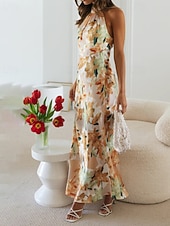 cheap Print Floral Dresses-Women's Long Dress Maxi Dress Floral Dress Halter Neck Dress Fashion Modern Vacation Going out Weekend Regular Fit Flower Sleeveless Halter Neck Yellow Pink Green Summer