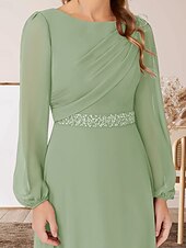 abordables Longueur du plancher-Robe A-Ligne pour Mère de la Mariée Invité de Mariage Élégante Col Arrondi Longueur Sol Chiffon Manches Longues avec Perles Ruché