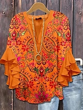 economico Top Floreali-Blusa da donna con maniche a strati e arricciate top floreale grafico vintage Bohemia quotidiano maniche a 3/4 scollatura a V top regolari abbigliamento quotidiano per le vacanze stampa rosa rossa