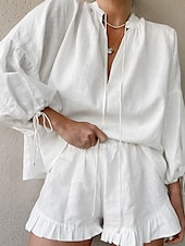 voordelige Stelt in-Dames Actief Overhemd Blouse Shorts Sets Lange mouw V-hals Effen Kleur Met ruches Buiten Feestdagen Wit Blozend Roze Zwembad Zomer Normale pasvorm