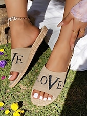 cheap Casual Sandals-Women&#039;s Flyknit Slide Sandals - Red &quot;LOVE&quot; Graphic, Casual Slip-On Design, Perfect for Beach Days and Casual Outings