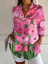 billige Kvinne Grafiske Topper-Dame Skjorte Bluse Blomsternål i krystall Moderne Fritid Langermet Skjortekrage Vanlige topper Daglig Ut på byen Knapper Trykt mønster Svart Hvit Gul Lysegrønn Rosa Sommer
