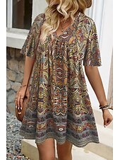 tanie Sukienki kwiatowe-Damskie Sukienka mini Sukienka A line Letnie sukienki Urlop Codzienny Boho Codzienny Święto Regularny W Tureckie Wzory Krótki rękaw W serek Żółty Fioletowy Lato