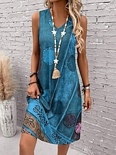 tanie Sukienki boho-Damskie Sukienka mini Sukienka letnia Sukienka A line Letnie sukienki Urlop Codzienny Boho Regularny Graficzny Geometryczny Kolorowy blok Bez rękawów Dekolt w kształcie litery U Ciemnoczerwony