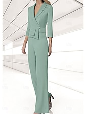 abordables Costumes-pantalons pour maman-Ensemble pantalon 2 pièces mère de la mariée invité de mariage élégant encolure en V longueur de sol chiffon extensible manches 3/4 wrap inclus avec boutons 2025 taille personnalisée gratuite
