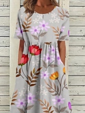 preiswerte Lässige Blumenkleider-Damen Midikleid Freizeitkleid Blumenkleid Klassisch Modern Urlaub Täglich Ausgehen Normale Passform Blume Kurzarm Rundhalsausschnitt Purpur Grau Sommer