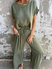 cheap Sets-Women&#039;s Active Basic Cotton Linen Sets Short Sleeve Crew Neck Solid Color Ruffle Casual Daily Black Army Green Orange Summer Regular Fit