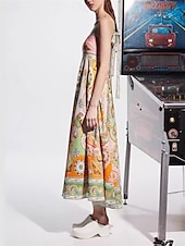 preiswerte Kleider aus Baumwolle und Leinen entwerfen-Damen Langes Kleid Maxikleid Baumwoll-Leinen-Kleider Freizeitkleid Mode Outdoor Party Ferien Normale Passform Ethnisch Kurzarm Träger Gelb Sommer
