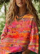 halpa Naisten Raidalliset &amp; Geometriset Puserot-Womens Pusero Pitkä Hiha Ombre Graffiti Geometrinen Bohemia Päivittäinen Etninen 3/4 Pitkät Hiha Pyöreä Kaula Baot Kaula Säännölliset Puserot Päivittäiset Lomavaatteet Printti Sininen Violetin