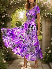 preiswerte Blumenkleider-Damen Maxikleid Freizeitkleid A Linie Kleid Sommerkleid Elegant Urlaub Lässig Normale Passform Grafik Blatt Kurzarm Quadrathals Rundausschnitt Gelb Rote Blau Purpur Sommer
