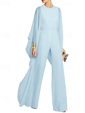 abordables Costumes-pantalons pour maman-Combinaison cape  pantalon Robe mère de la mariée Élégante Simple Minimaliste Col rond Longueur de sol Chiffon Manches 3/4 avec fronces