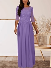 baratos Comprimento do chão-Vestido para Mãe da Noiva em A Convidada de Casamento Elegante Decote Redondo Comprimento até o Chão Chiffon Manga Curta com Pregas e Apliques