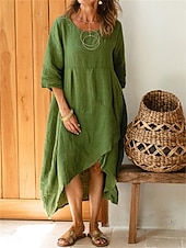 abordables Robes-Femmes Robe Midi Robe trapèze Robe d&#039;été Occasionnel Quotidien Coupe Ample Uni Manche 3/4 Encolure en V Blanche Violet Vert Vert Véronèse Été