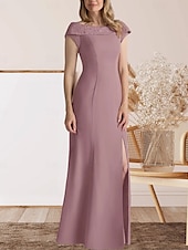 preiswerte Bodenlänge-Meerjungfrauenschnitt Brautmutterkleid Hochzeitsgast Elegant Süß Rundhalsausschnitt Bodenlang Spitze Stretchstoff Kappenärmel mit Spitze Geteilter Vorderteil 2025