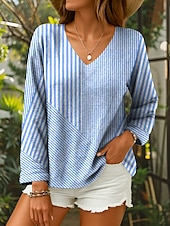 voordelige Dames Strepen &amp; Geometrische Tops-Dames Blouse Grafisch Geometrisch Gestreept Elegant Tropisch Dagelijks Lange mouw 3/4 mouw V-hals Normale tops Dagelijks Blozend Roze blauw Paars Groen Zomer Lente