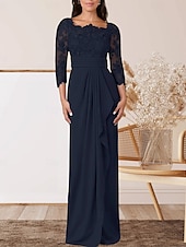 levne Délka podlahy-Sloupec  Sloupové šaty matky nevěsty Svatební Host Elegantní Čtvercový Krk Délka Podlahy Chiffon Krajka 3/4 Dlouhý Rukáv s Krajkovým Páskem  Stuhou Krepováním