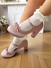 preiswerte Retro-Stil der 1950er Jahre-blaue Mary Janes mit gepunktetem Blockabsatz für Damen – Vintage-Stil der 50er Jahre mit Schleifen, ideal für Teepartys, Verabredungen und Lolita-Mode