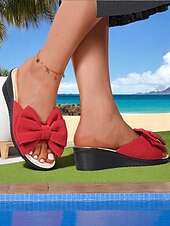 cheap Vacation Sandals-Women’s Red Suede Casual Flip Flops with Oversized Bow – Comfortable Summer Sandals for Pool, Beach, and Vacation