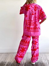 abordables Ensembles-Femmes Mode Streetwear Chemises en coton et lin Ensembles en coton et lin Ensembles de Pantalons Manche Courte Col de chemise Fleuri Imprimé Tenue quotidienne Date Rose Claire Été Coupe régulière