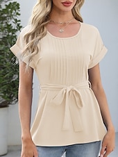billige Kvinne Enkle Topper-Dame Bluse Helfarge Stilfull Fritid Kortermet Crew-hals Vanlige topper Daglig Blondér Blå Fuksia Grønn Aprikos Sommer