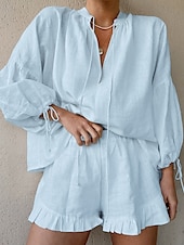 abordables Ensembles-Femmes Actif Chemises en coton et lin Chemisier Ensembles de Shorts manche longue Col en V Couleur Unie Froncé Décontracté Quotidien Week-end Noir Blanche Rose Claire Été Coupe régulière