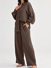 abordables Ensembles-Femmes Actif Mode Chemises en coton et lin Ensembles en coton et lin Chemisier manche longue Col de chemise Couleur Unie Dubbele Rij Knopen Fête Décontracté Quotidien Noir Ivoire Vin Été Coupe