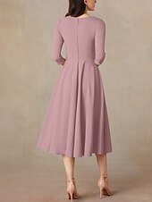 economico Lunghezza del tè-Abito A-Line madre della sposa ospite matrimonio elegante minimalista scollatura a V lunghezza tè in raso italiano manica a tre quarti con drappeggio