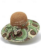 cheap Women&#039;s Hats-Women&#039;s Wide Brim Straw Sun Hat with Colorful Ethnic Print Bow – Boho Style Foldable Beach Hat for Summer Travel and Vacation