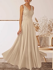 cheap Wedding Guest Dresses-A-Line Wedding Guest Dresses Elegant Dress Wedding Guest Engagement Floor Length Sleeveless V Neck Fall Wedding Guest Chiffon with Appliques