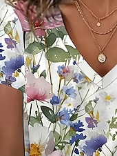billige Blomster t-skjorte-Dame T skjorte Sommertopper Blomstret Planter Klassisk Fritid Kortermet V-hals Crop Tops Daglig Helg Trykt mønster Regnbue Sommer Vår Høst