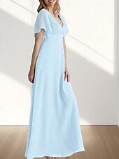 preiswerte Bodenlänge-A-Linie Brautmutterkleid Hochzeitsgast Elegant Süß V Ausschnitt Bodenlang Chiffon Kurzarm mit Raffung 2025