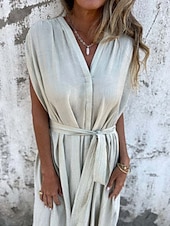 abordables concevoir des robes en coton et lin-Femmes Robe Longue Maxi Robe Robes en coton et lin Robe Décontractée Robe d&#039;été Mode Basique Moderne Quotidien Week-end Coupe régulière Uni Manche Courte Col en V Blanche Chameau Été