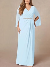 preiswerte Bodenlänge-A-Linie Brautmutterkleid Hochzeitsgast Elegant V Ausschnitt Bodenlang Chiffon Spitze Langarm mit Falten Perlenstickerei Raffung 2025