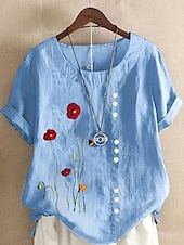 billige Blomstrete topper-damebluse i bomull og lin, blomstrete, grafisk, vintage, avslappet, korte ermer, rund hals, vanlig topper, daglig, ute, knapper, trykk, asymmetrisk kant, hvit, blå, sommer, vår